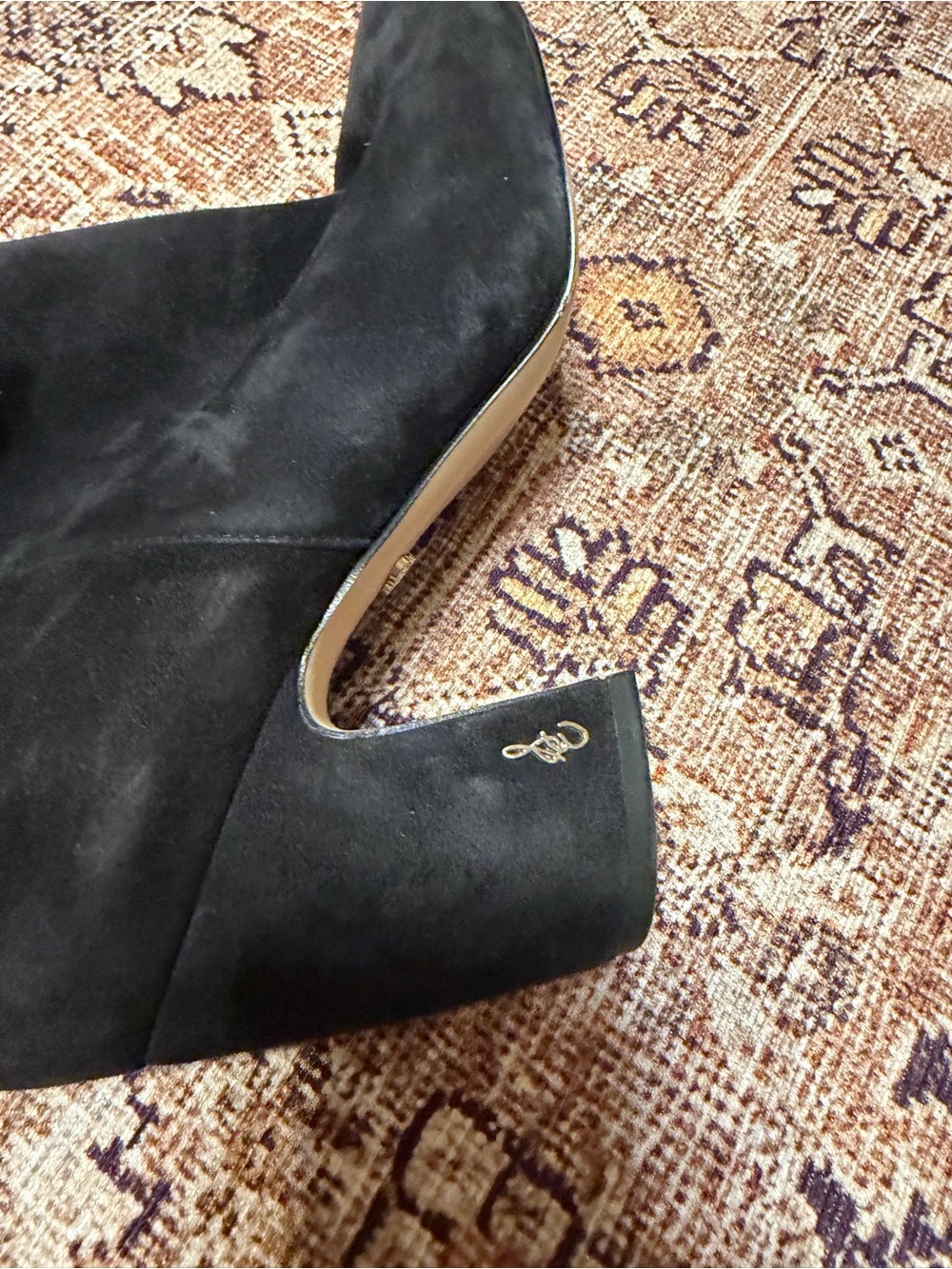 Sam Edelman Black Suede Pointed Toe Block Heel Ankle Boots with Gold Zipper - Picture 3 of 6